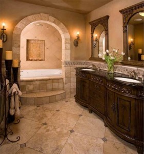 Classic-Master-Bath-soaker-tub-travertine-tile                